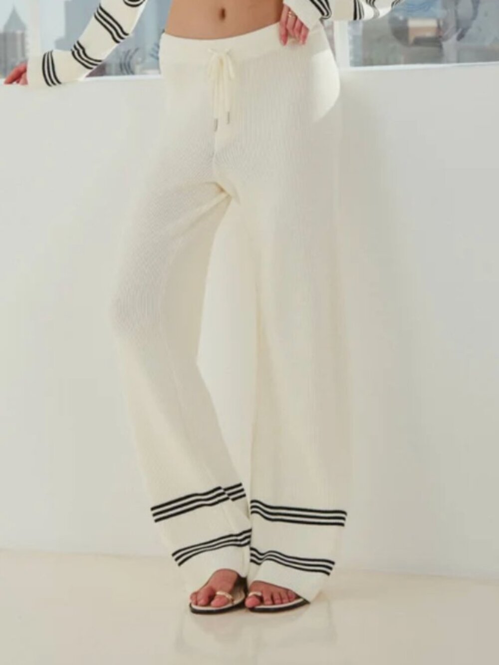 SER.O.YA Poe Knit White Pant Wide-Leg Pants with Black Stripes